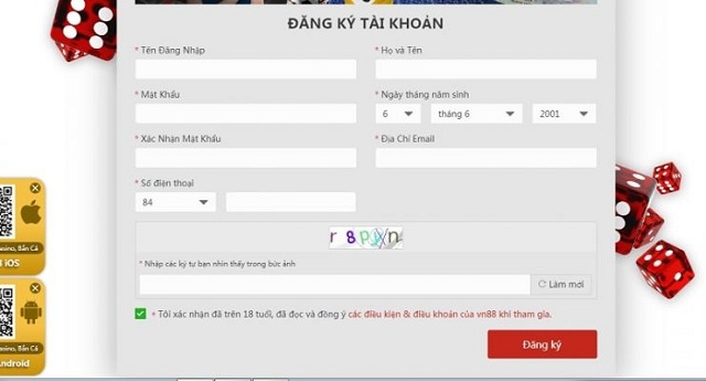 Thông Tin Nhà Cái VN88 17 Biểu mẫu đăng ký tài khoản mà người chơi cần điền vào