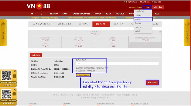 Thông Tin Nhà Cái VN88 21 Thực hiện thao tác cung cấp thông tin rút tiền tại nhà cái VN88